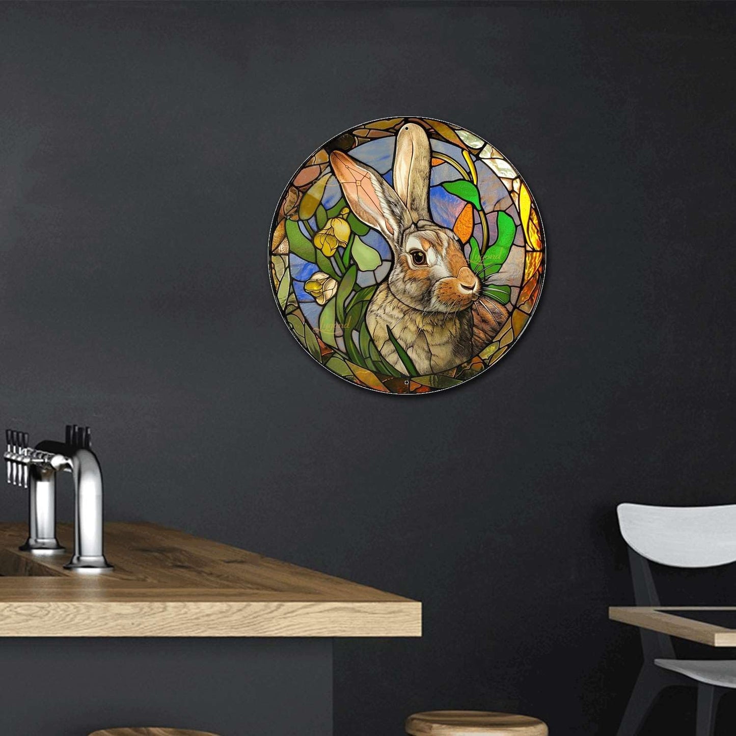 Lygond Metal Sign Tin Sign Circular Stained Glass Rabbit Metal Garden Sign for Pet 12×12 Inches