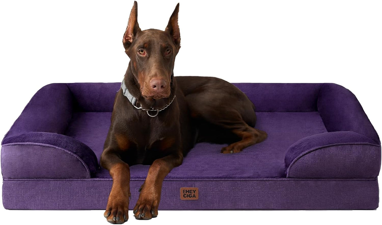 EHEYCIGA Orthopedic XL Dog Beds, Waterproof Memory Foam Dog Bed for Extra Large Dogs, Non-Slip Bottom and Egg-Crate Foam Big Pet Couch Bed with Washable Removable Cover, Purple