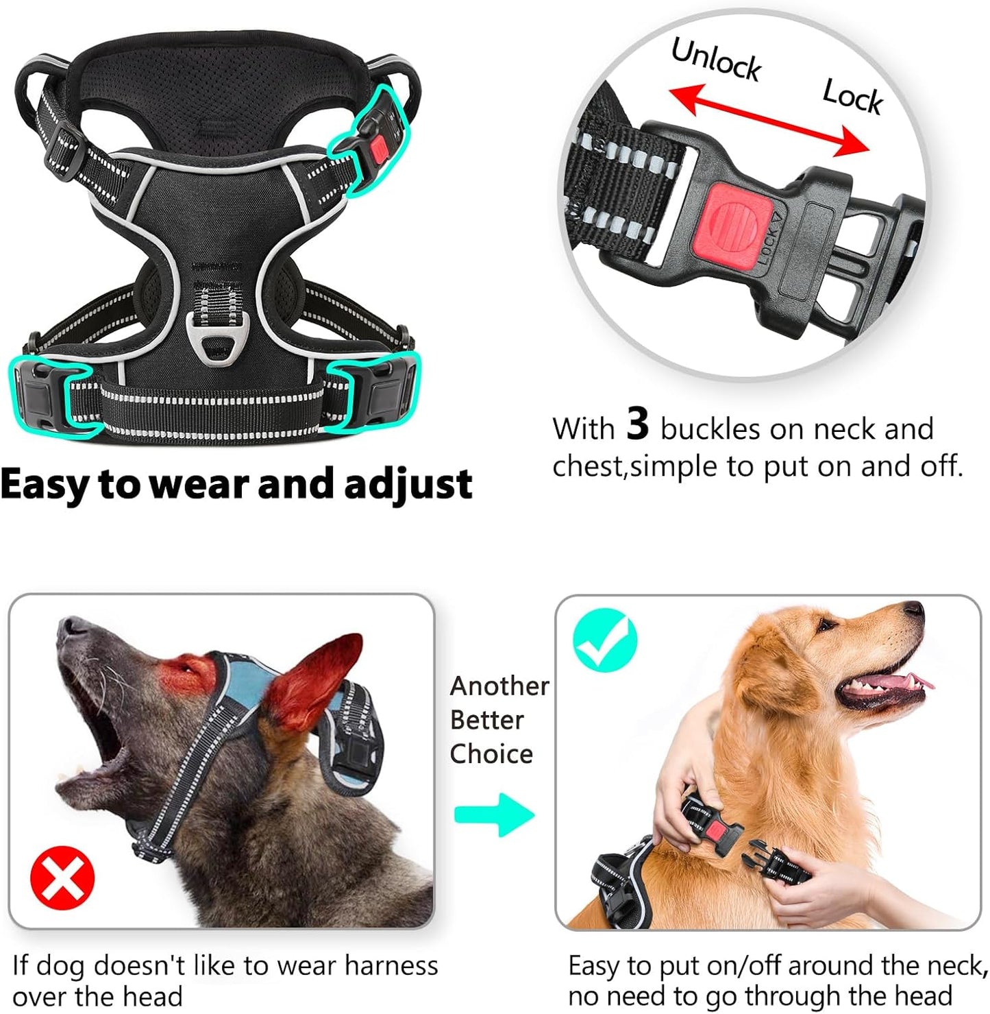 Timos Dog Harness,NO Need Go Over Dogs Head 3 Snap Buckles Pet Harness with 2 Leash Clips,Adjustable Soft Padded No-Pull,Reflective No-Choke Oxford Vest for Small Medium Large Dogs,X-Large(Packof1)