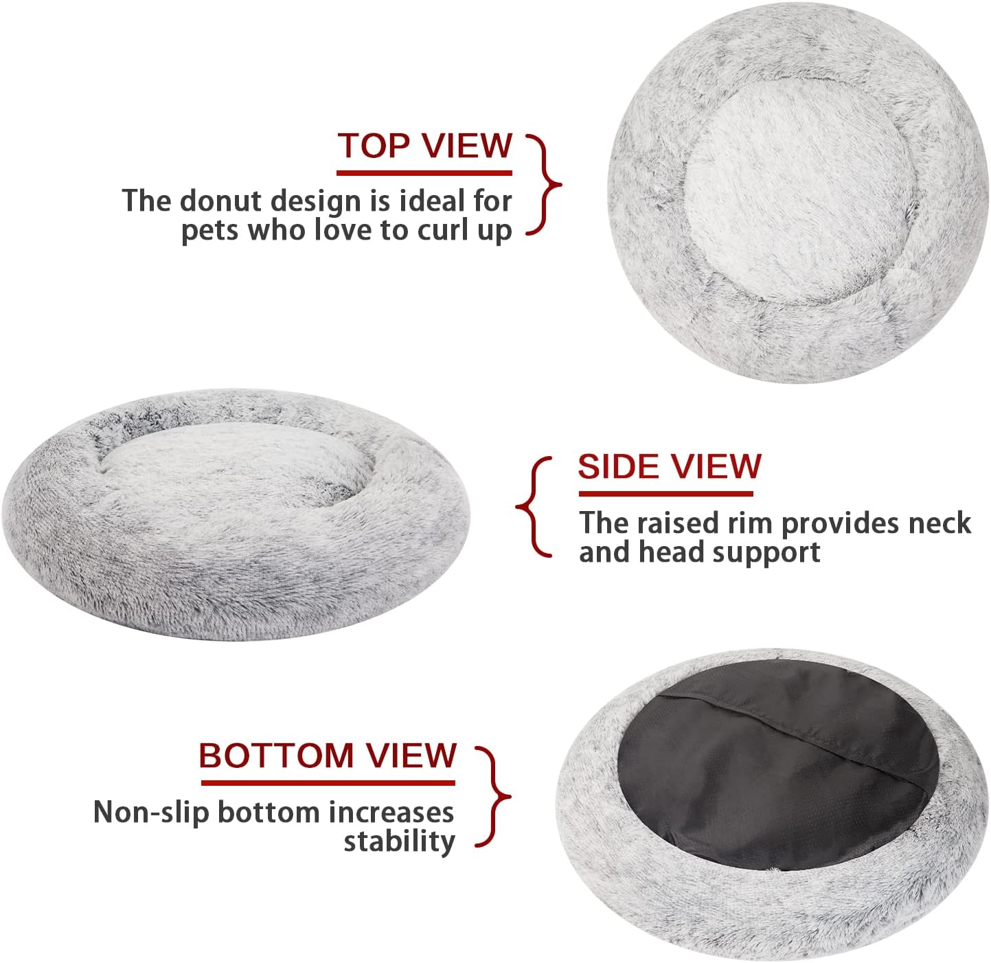 Bedfolks Calming Donut Dog Bed, 30 Inches Round Fluffy Dog Beds for Medium Dogs, Anti-Anxiety Plush Dog Bed, Machine Washable Pet Bed (Dark Grey, Medium)