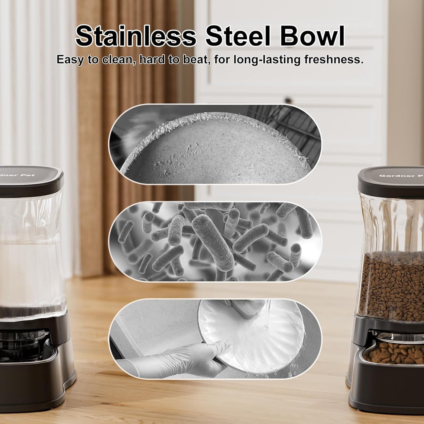 Automatic Pets Gravity Feeder and Water Dispenser Set with Stainless Steel Bowl, 1Gallon x 2 Stable Dog Food Feeder and Waterer, 100% BPA-Free for Small&Medium Dogs, Cats, Puppies(Black)