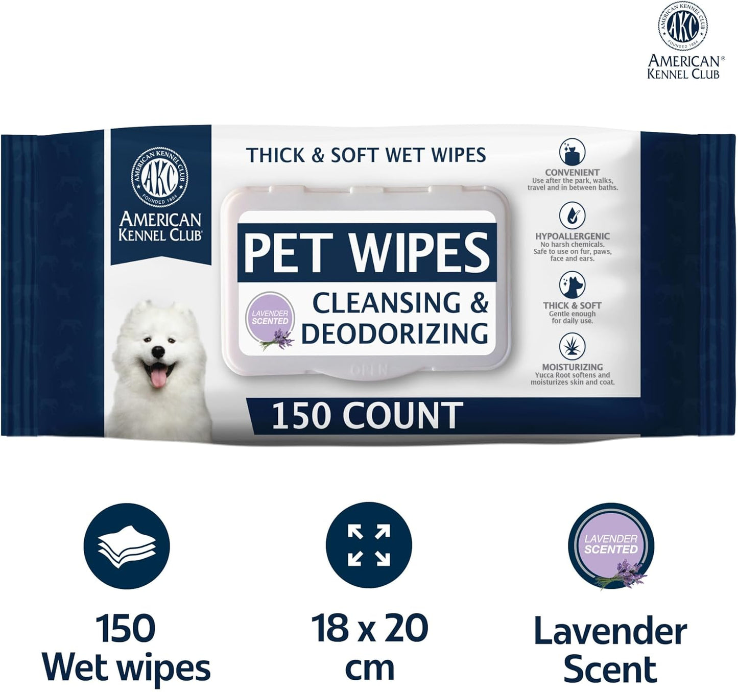 AKC Pet Wipes for Dogs & Cats – Hypoallergenic, Alcohol-Free Wipes for Paws, Face, Ears & Coat – Thick, Gentle Cleaning with Natural Aloe – Available in Lavender, Fresh & Oatmeal Scents