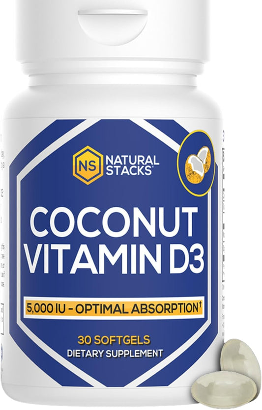 NATURAL STACKS Vitamin D 5000 IU Supplement - with Coconut Oil for Optimal Absorption - Vitamin D Pills for Immunity & Cell Growth - D3 125mcg Cholecalciferol Supplement - 30 D3 Servings
