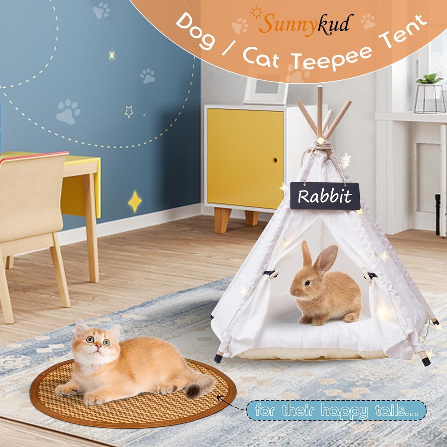 24" Dog& Cat Teepee Tent +28" Pet Cooling Mat +10ft Star String Light [2-Modes],Cotton Thicked Soft Comfort Anti-Slip Cushion (Used/Wash Separately), Indoor or Outdoor Large Pets Tents House