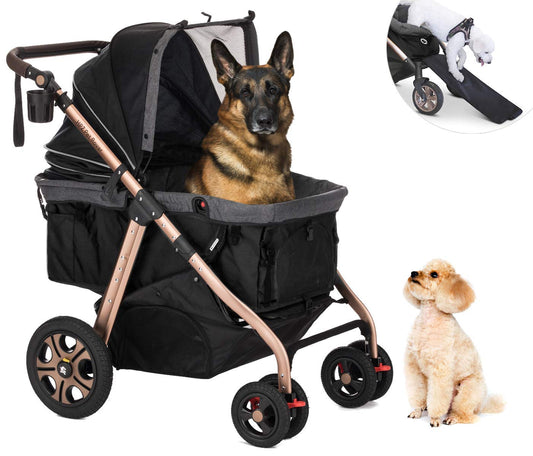 Titan-HD Premium Super-Sized Dog/Cat/Pet Stroller SUV Travel Carriage/w Access Ramp/100Lbs Capacity/Pumpless Rubber Wheels/Aluminum Frame for Small, Med, Large, XL Pets (Black)