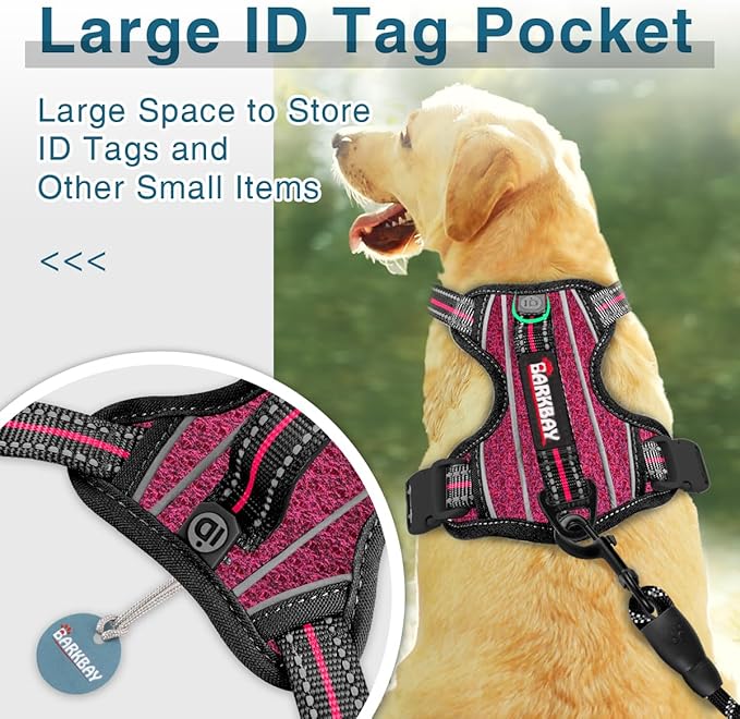 BARKBAY Dog Harness No Pull with ID Tag Pocket - Heavy Duty, Reflective, Easy Control for Large Dogs(Pink/Black,L)
