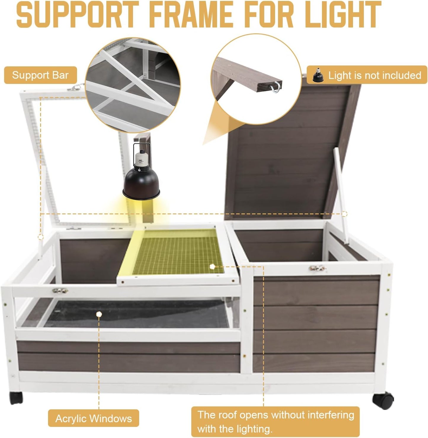 Tortoise Habitat Cage on Wheels with Lamp Stand & Pull-Out Waterproof Tray – Large Wooden Tortoise House, Indoor Outdoor Reptile Enclosure 39''L*23''W*14''H