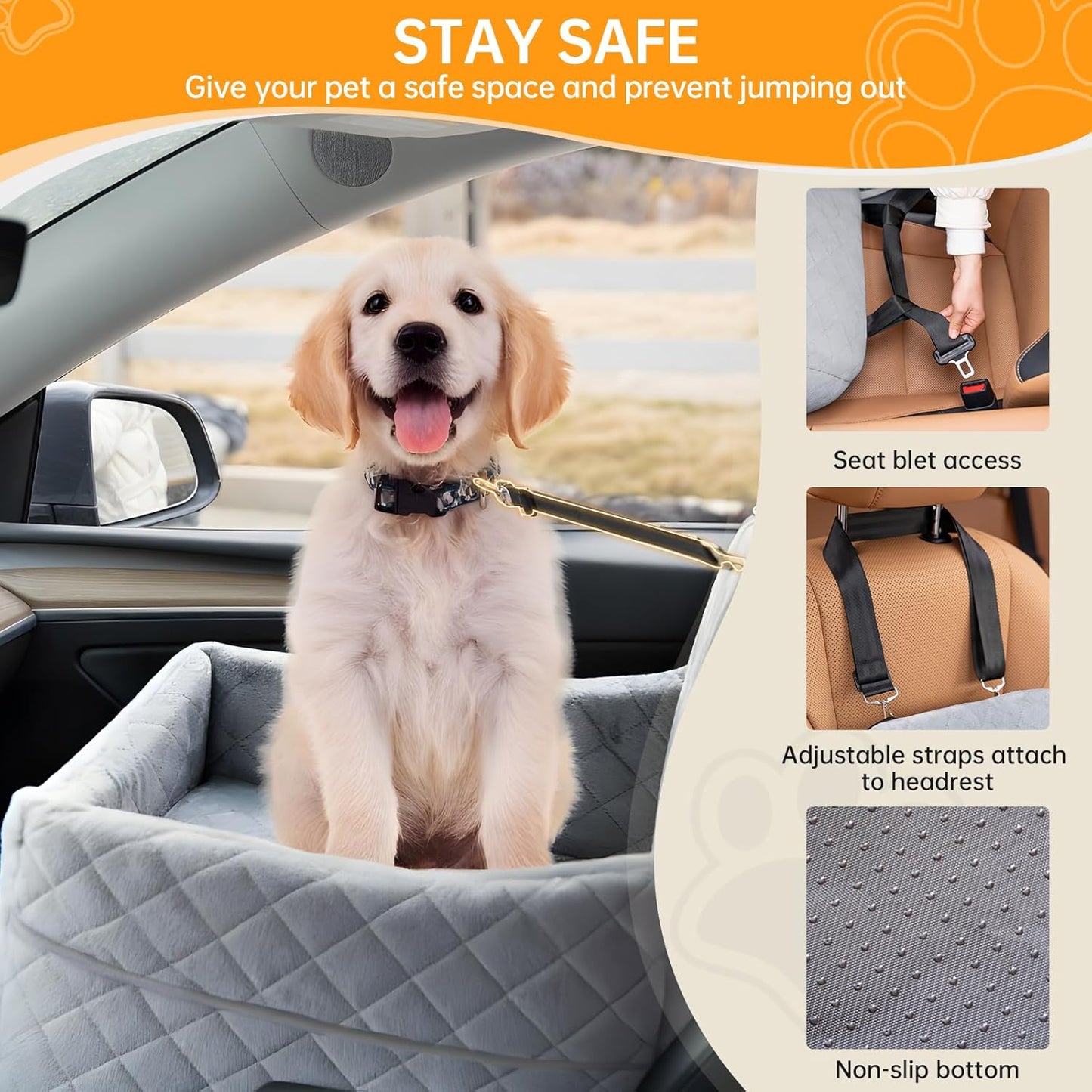 Dog Car Seats for Small Dogs, FurFrolic Memory Foam Dog Booster Seat for Small/Medium Dogs up to 35 lbs, Travel Pet Car Seat with Washable Detachable Cover, Storage Pockets, 2 Safety Belts (Gray)