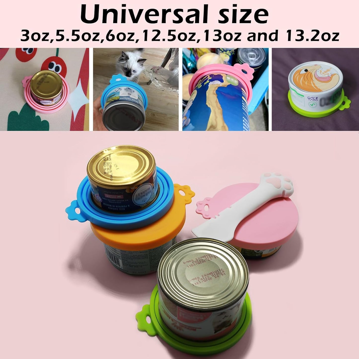 Food Can Spoon & Lids, One Multi-Functional Opener Spatula, 4 PCS BPA Free Silicone Universal Can Covers, Cute Paw Shape Spoon for Cat Dog Wet Food (Pink)
