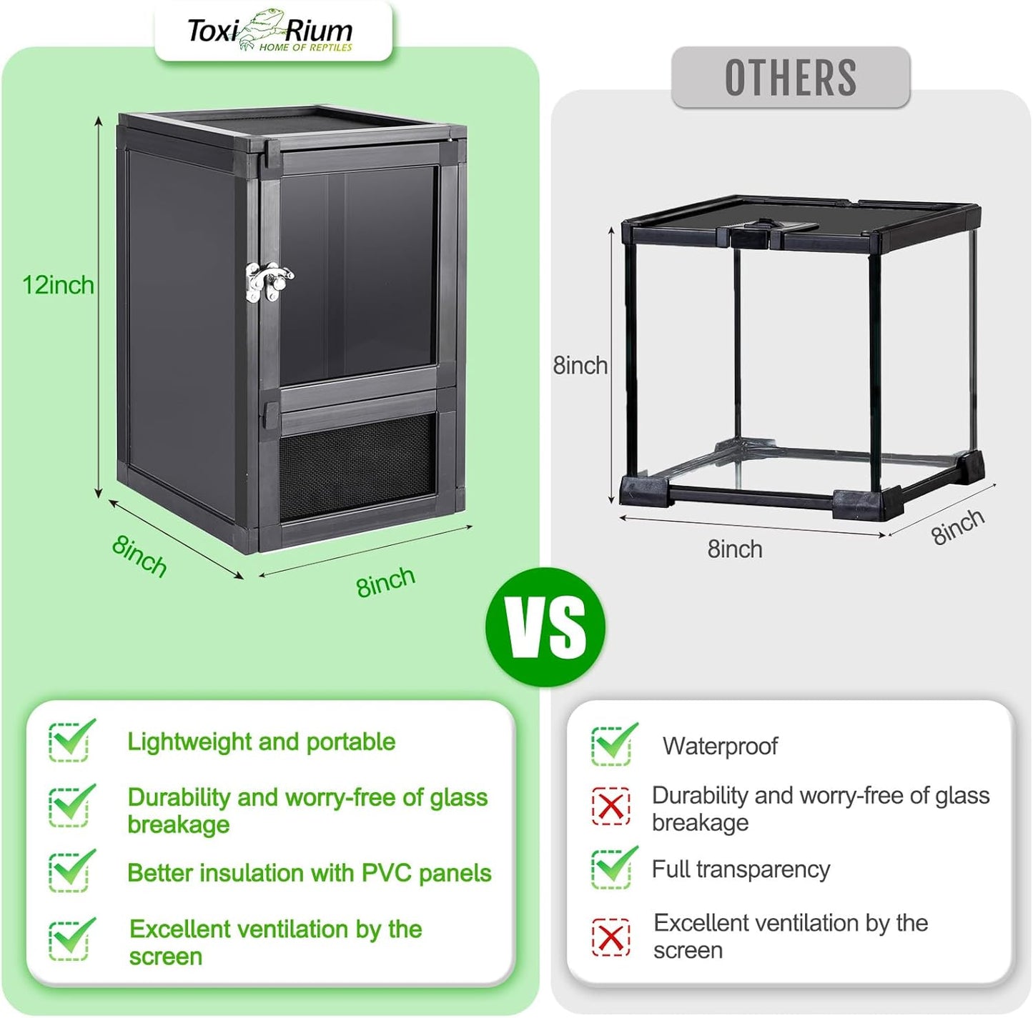 8" x 8" x 12" Small Reptile Cage Hatching Habitat, Screen & Acrylic Doors, Ventilated Terrarium for Lizards, Snakes, Frogs, Easy Assembly, Two Doors