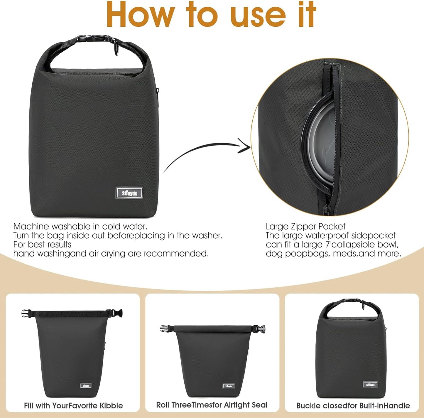 Pet Food Storage Bag，Dog Food Travel Bag with 2PCS Collapsible Dog Travel Bowls,Waterproof Kibble Storage Container for Road Trips, Camping (Black, Small)