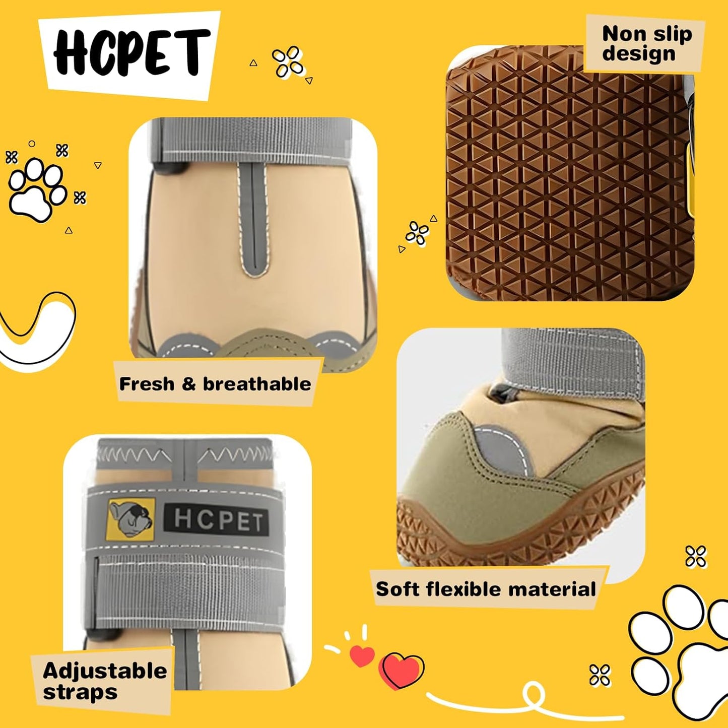 Hcpet Dog Shoes for Large Dogs, Waterproof Dog Booties for Small Medium Dogs, Anti-Slip Dog Boots & Paw Protectors for Hot Pavement Winter Snow Hiking with Reflective Straps Khaki Size 1