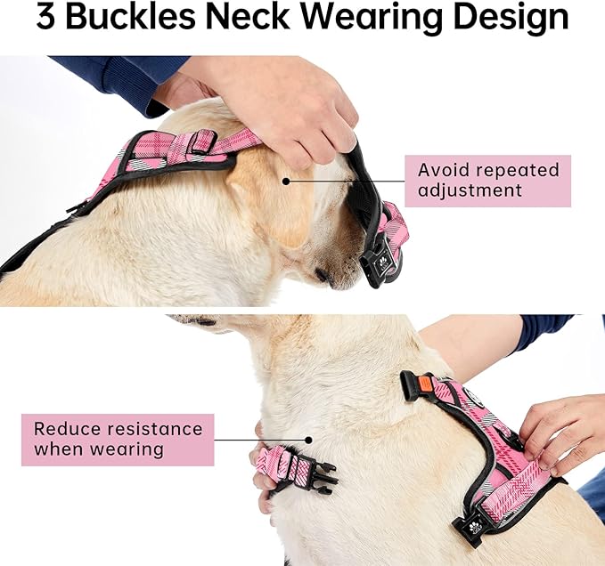 IVY&LANE No Pull Dog Harness with Leash Set, Reflective No Choke Pet Vest,Adjustable Oxford Dog Vest Harness with Easy Control Handle for Large Dogs (Checkered Pink,XL)