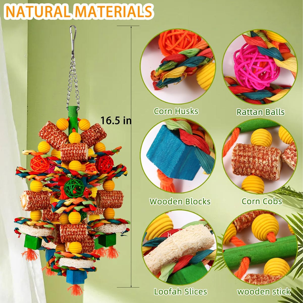 Bird Toys, Parrot Toys for Large Birds,Natural Corn cob and Loofah Slices Bird chew Toys for African Grey Parrots, Macaws, Cockatoos, Amazon Parrot and other Small and Medium-Sized Parrot (Colorful)