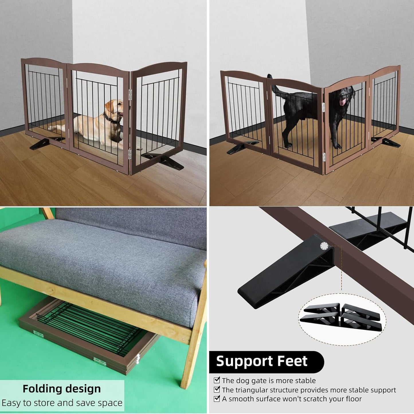 ZJSF Freestanding Dog Fence Indoor, Foldable Dog Gate for Doorways, Stairs or Hallways, Sturdy Wood Extra Wide Pet Gate with Support Feet for The House, Brown, 24 "Height-3 Panels