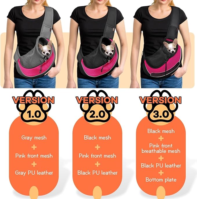 YUDODO Pet Sling Carrier for Small Dogs & Cats – Hands-Free Puppy Carrier with Safety Hook, Large Zipper Pocket, Soft Breathable Mesh, Adjustable Strap & Reflective Strip (Pink 1.0 L)