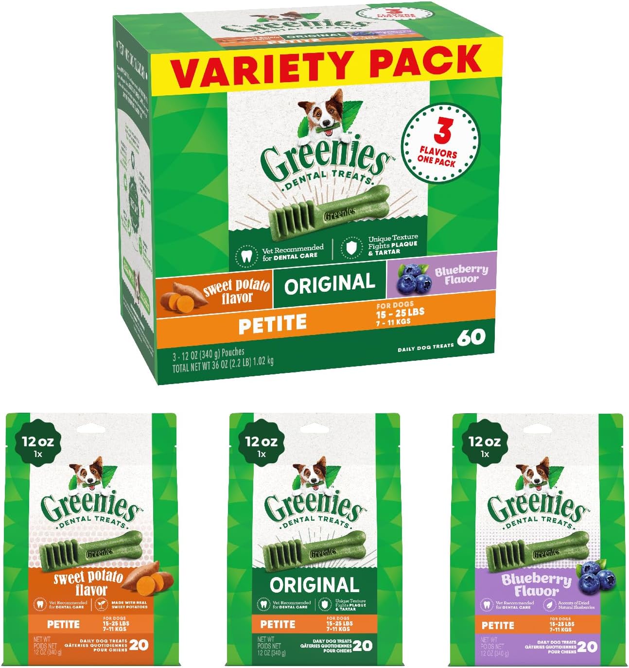 Greenies Petite Dental Dog Treats, 3-Flavor Variety Pack, (3) 12 oz. Pouches, 60 Total Treats