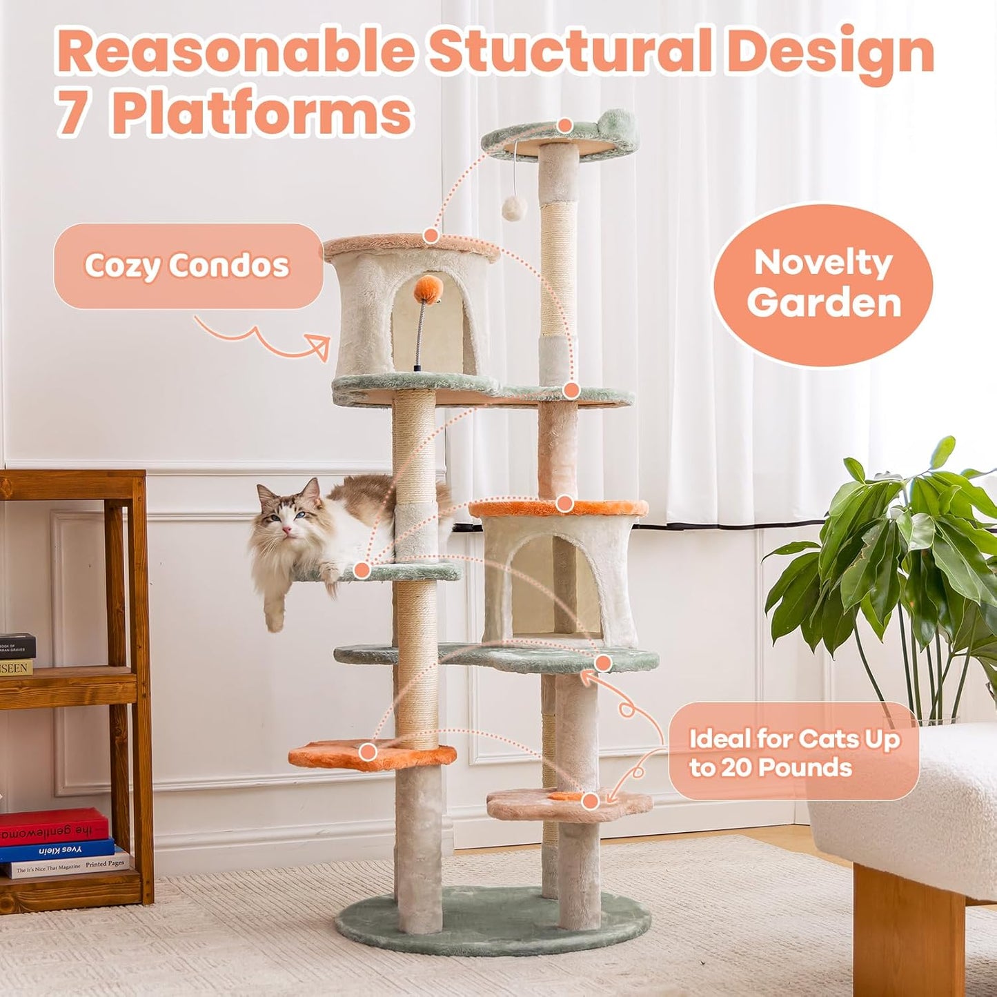 HYABi 63-inch Cat Tree for Large Cats, Multi-Level Flower Tower with Condo, Sisal Scratching Posts & Toy Balls, Sturdy & Safe Indoor Playhouse