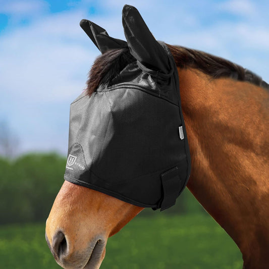 Harrison Howard UV-proof Multi-Function Fabrics Thick Fleece Padding Horse Fly Mask Half Face with Ears Black Warmblood Extra Large