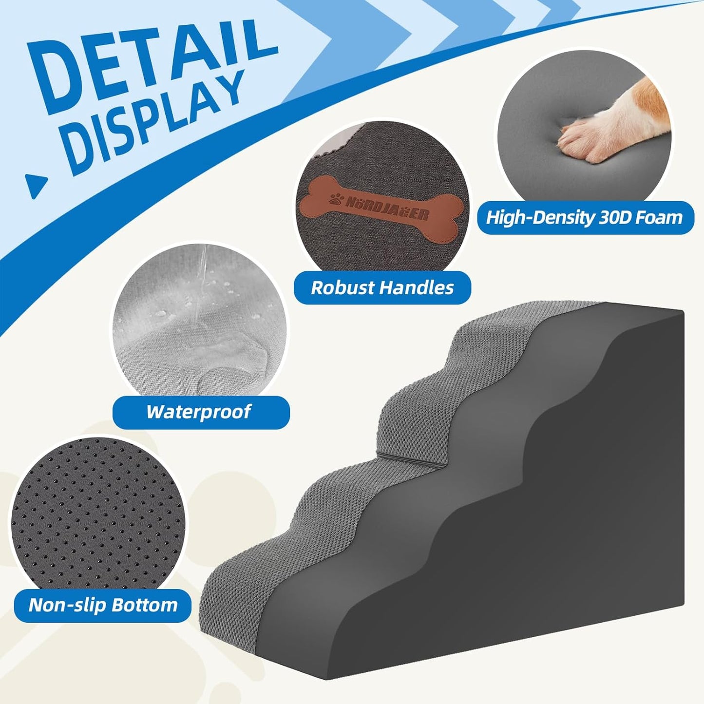 Dog Stairs 3-Step for Small Dogs and Cats to Get on Bed and Furniture/Windows, Pets Can Climb, Sit, or Perch to Look Out Windows, Extra Wide Dog Steps, Non-Slip Waterproof Fabric Cover, Grey（15.7" H）