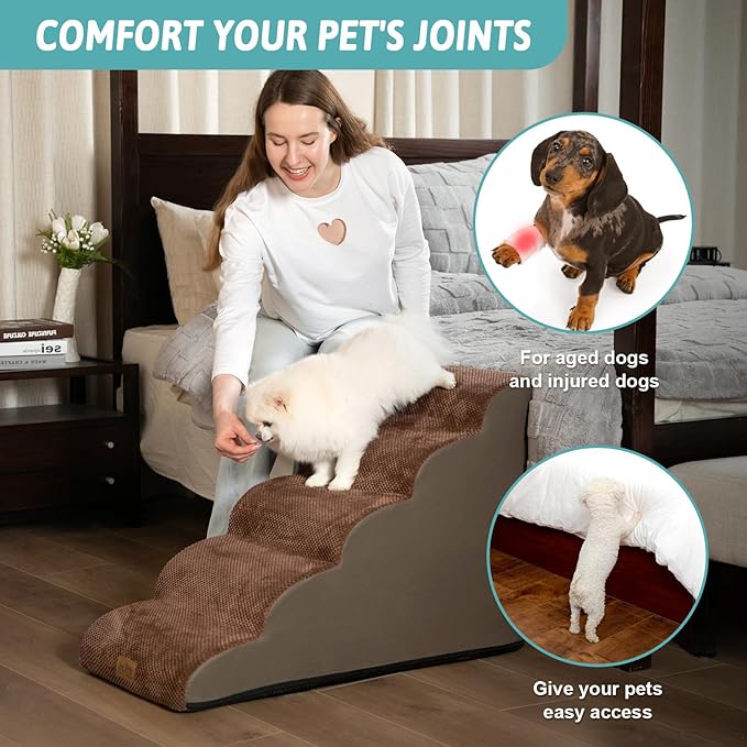 Dog Stairs for High Bed 22.6" H, Small Dog Step for Puppy, Older or Cat, Curved Ramp for Car, Ladder with High Density Foam, Lightweight, Durable, 15.7x33x22.6 inch, 5 Step, Brown