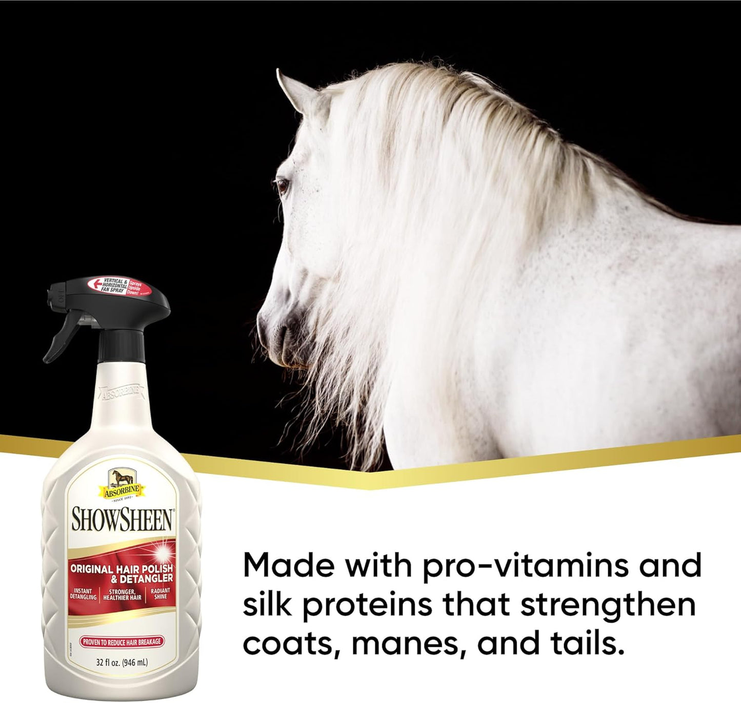 Absorbine ShowSheen Hair Polish & Detangler 32oz Spray Bottle, Horse and Dog Coat, Mane and Tail, Instant Detangling & Reduces Hair Breakage for Healthy Grooming & Radiant Shine