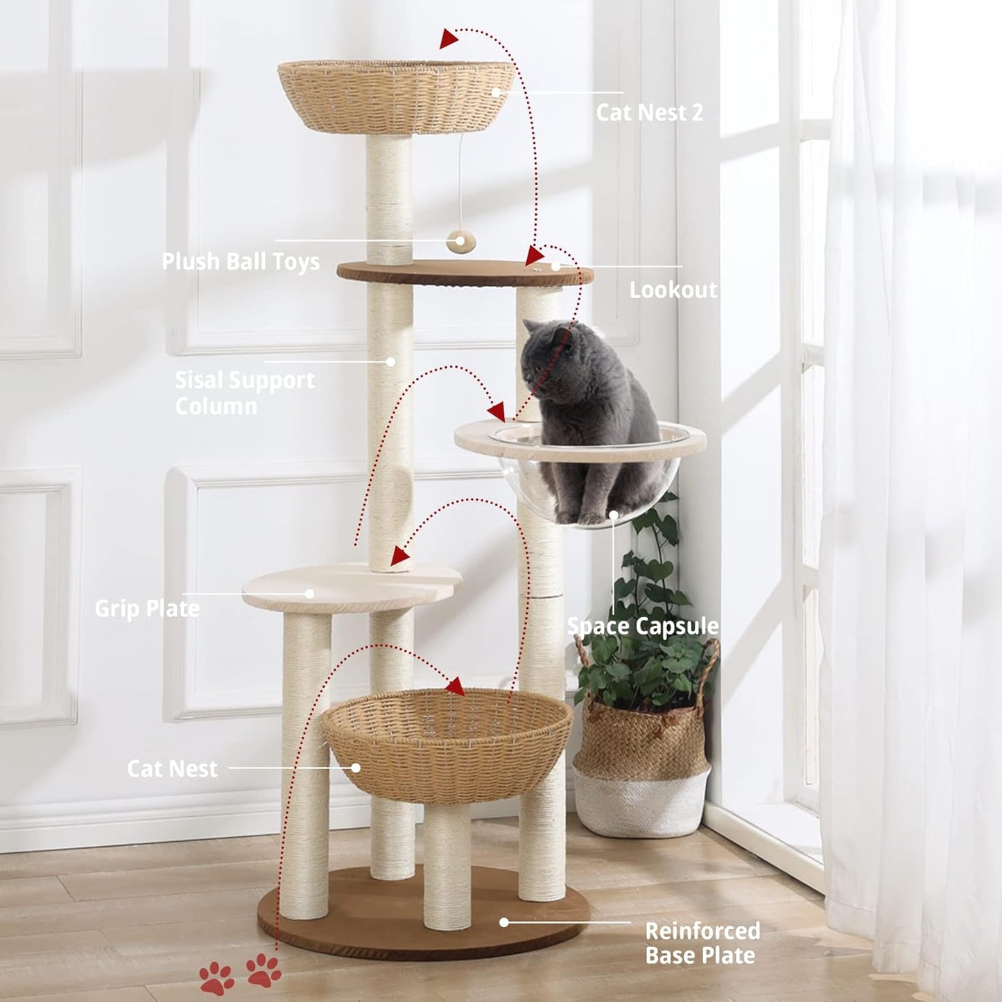 Modern Cat Tree Tower for Large Cats, Real Natural Sisal Luxury Cat Condo, Manual Hand Woven Wood Cat Tower, Indoor Cat Scratching Tree, New Cat Condo Lover Gift