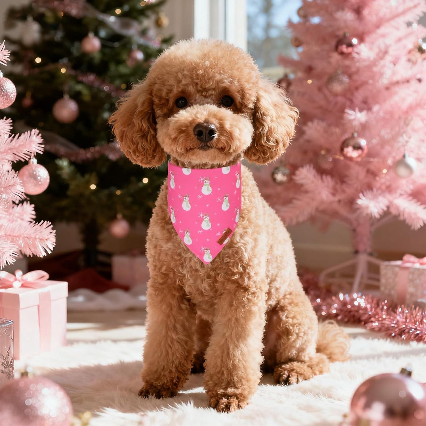 PTDECOR Christmas Dog Bandana, Santa Snowman Design Reversible Holiday Pet Scarf, Pink Triangle Fit Female Christmas Bandanas for Small Dogs Pets (Small)