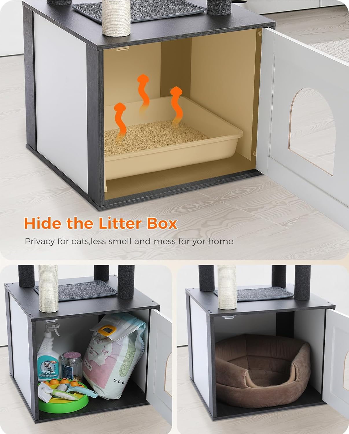 Tall Cat Tree with Litter Box Enclosure 56.7" Wooden Cat Tower for Large Cats with Cat Hammock House Bed (Wood Black)