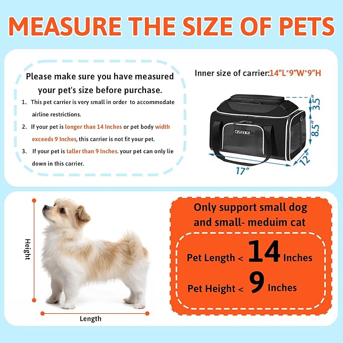 Petskd Top-Expandable Pet Carrier 17x12x8.5 Inches JetBlue Allegiant Spirit Airline Approved, Soft-Sided Carrier for Small Cats and Dogs with Locking Safety Zippers and Anti-Scratch Mesh(Black)
