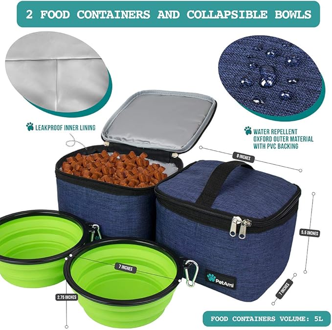 PetAmi Dog Travel Bag - Travel Pet Organizer with Food Container and Bowls, Perfect for Weekend Camping, Navy, Large