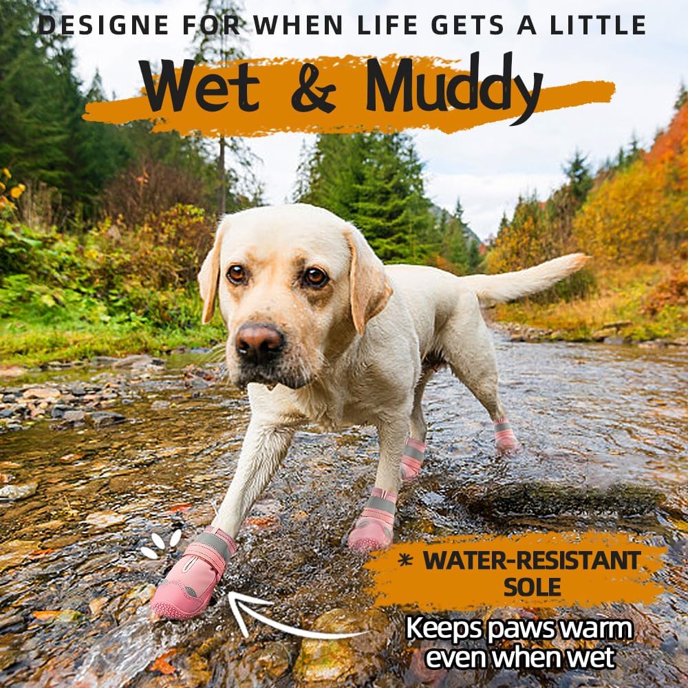 Dog Shoes for Large Dogs, Medium Dog Boots & Paw Protectors for Hardwood Floors, Outdoor Dog Booties for Hot Pavement Winter Snow Hiking, Waterproof Dog Shoes with Reflective Strips Size 4