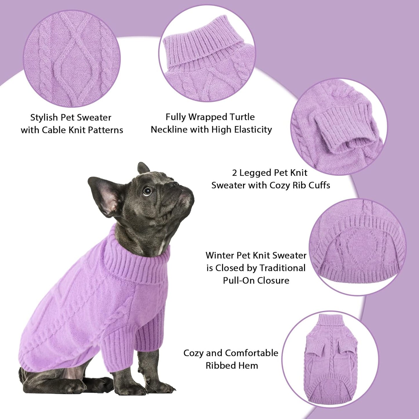 Queenmore Small Dog Pullover Sweater, Cold Weather Cable Knitwear, Classic Turtleneck Thick Warm Clothes for Chihuahua, Bulldog, Dachshund, Pug (Lilac, Medium)