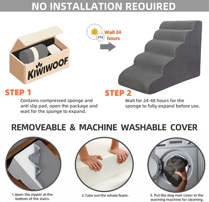 6 Step Pet Stairs Ramp for High Beds Sofas 18-36 Inch, Non-Slip Dog Stairs for Small Old Medium Large XL Dogs Cats, Sturdy 75 Pounds 33D Foam Balanced 6-Tier Ladder with Machine Washable Cover