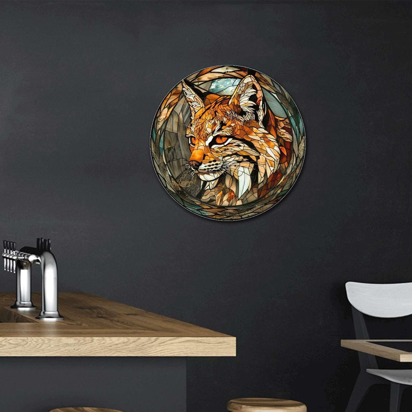 Lygond Metal Sign Tin Sign Circular Stained Glass Bobcat Funny Outdoor Decor for Club 8×8 Inches
