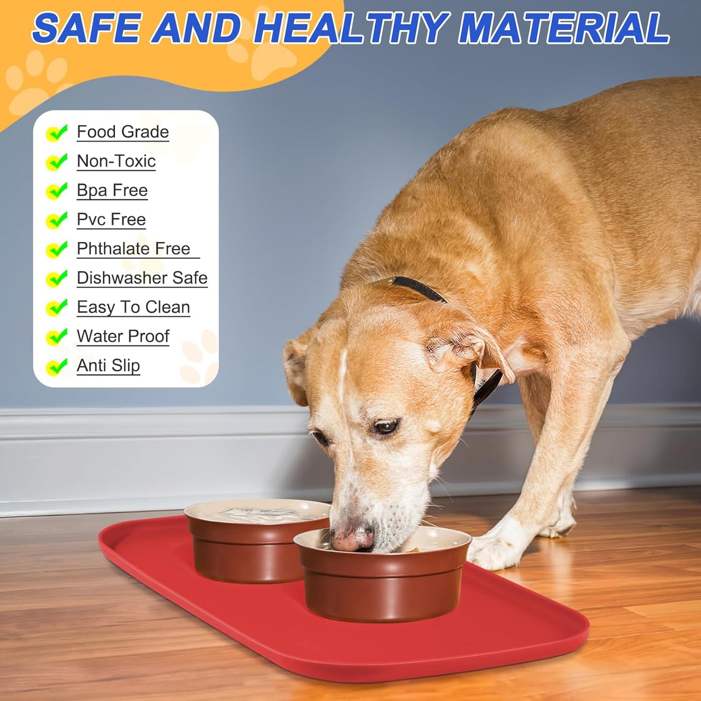 Silicone Pet Feeding Mat with Raised Edge for Food and Water, Dog Bowl Mats, Cat Bowls Placemat with High Lip for Floor Waterproof, Rubber Tray for Cats and Dogs 24 x 16 x0.8 Red