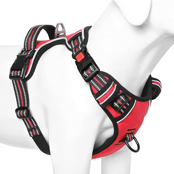 Timos Dog Harness Small Sized, No Pull with Neck Lockable Snap,No Choke Front Clip Dog Reflective Harness,Adjustable Metal Rings 3 Buckles,Easy Control Handle for Small Dogs Red S