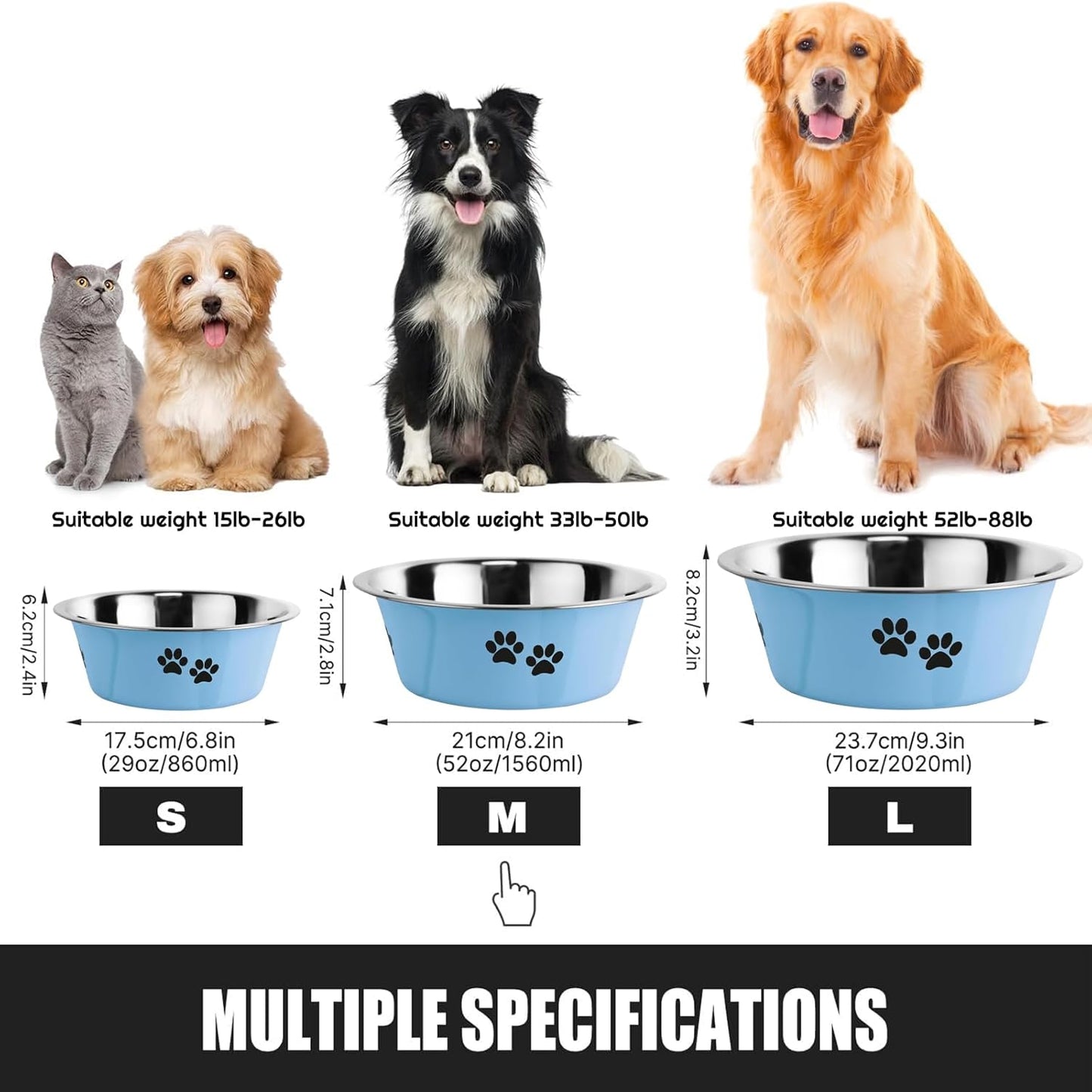 Stainless Steel Dog Bowls, Nonslip Rubber Bottom No Spill Proof Skid Metal Insulated Dog Bowls for Large Medium Small Breed Dogs (Blue, 6.6 Cups/53 OZ)