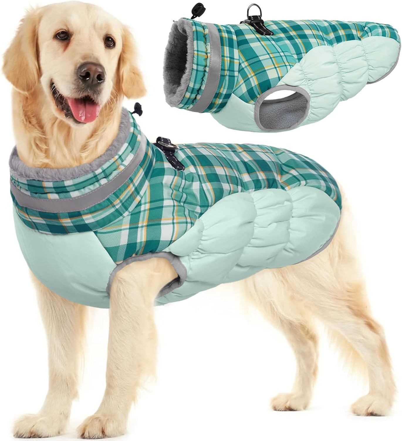 FUAMEY Dog Coat for Large Dogs,Waterproof Dog Winter Jacket with Harness Built in Puppy Cold Weather Coats Reflective Pet Vest with Zipper Warm Fleece Dogs Snowsuit Windproof Green Plaid L