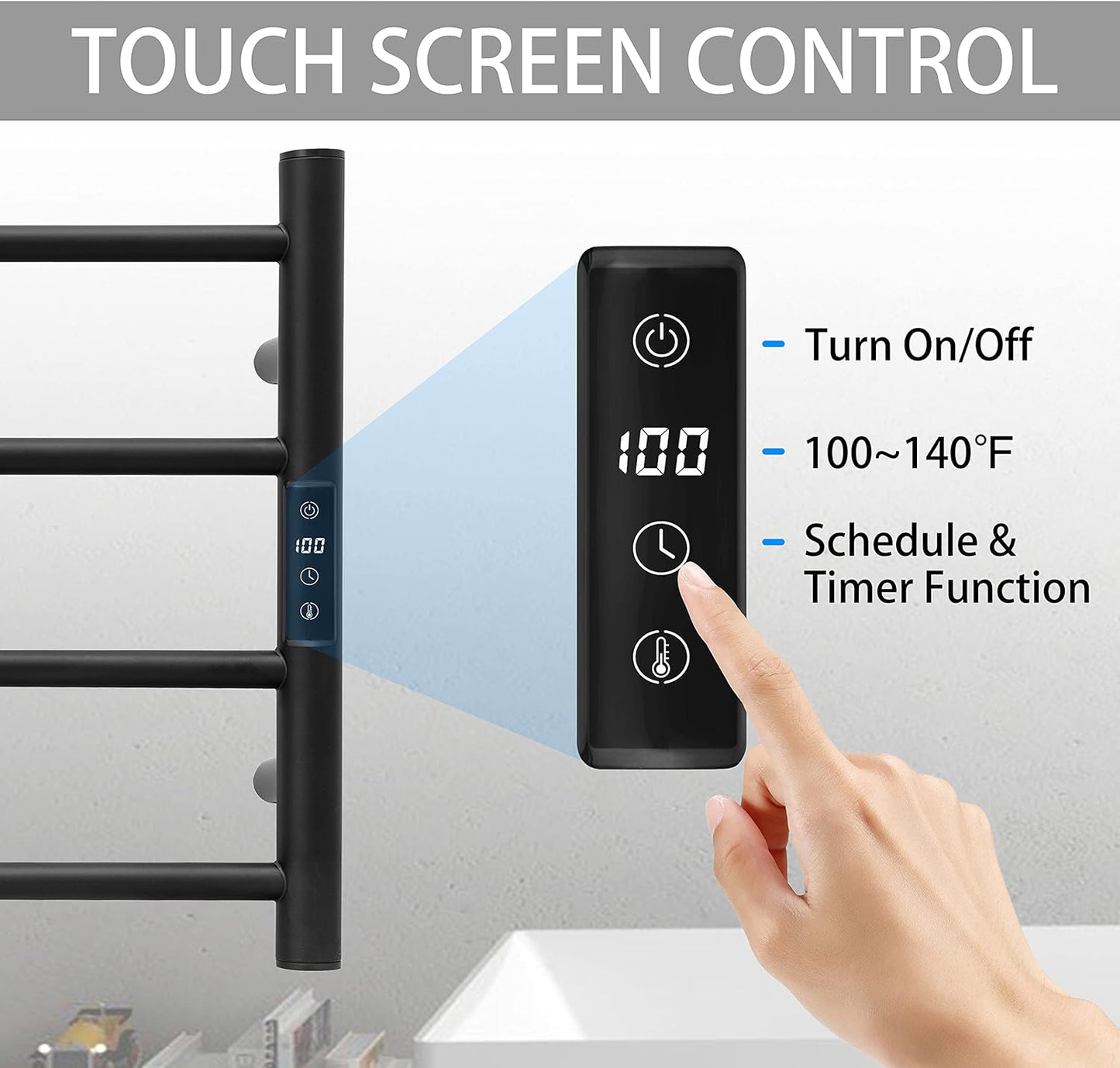 KEG Smart WiFi Towel Warmer Wall Mounted with Built-in Timer and Temperature Adjust Control, 4 Bars Electric Stainless Steel Heated Towel Racks for Bathroom Matte Black