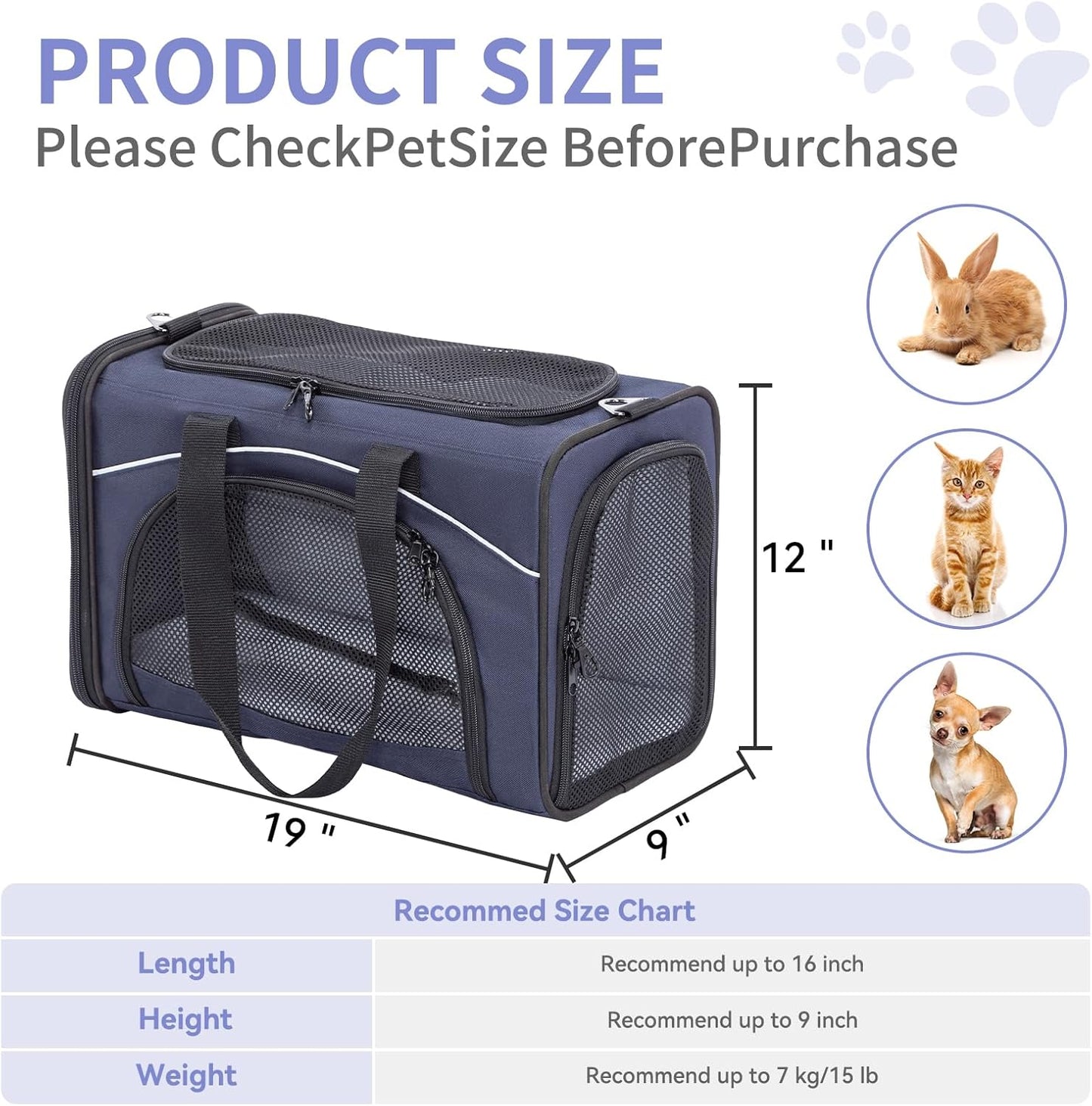 Petsfit Airline Approved Pet Carrier for Small Dogs & Cats, 19x9x12 TSA Approved Carrier, with Removable Dual-Sided Padding (2-Way Placement) - Fits Under Most Airplane Seats, Escape Proof (Navy)