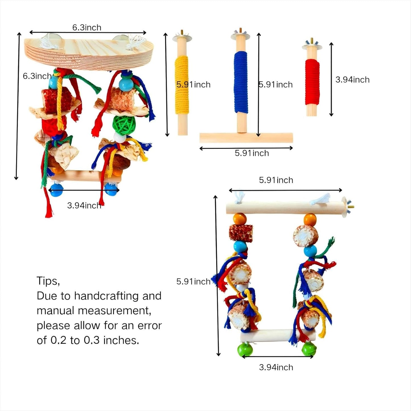 Bird Perches,Natural Wood Birds Stand Branch with Chew Toys,Parakeet Parrot Perch for Cage, Bird Cage Chew Toy & Hanging Toy for Cockatiels Lovebirds Budgies