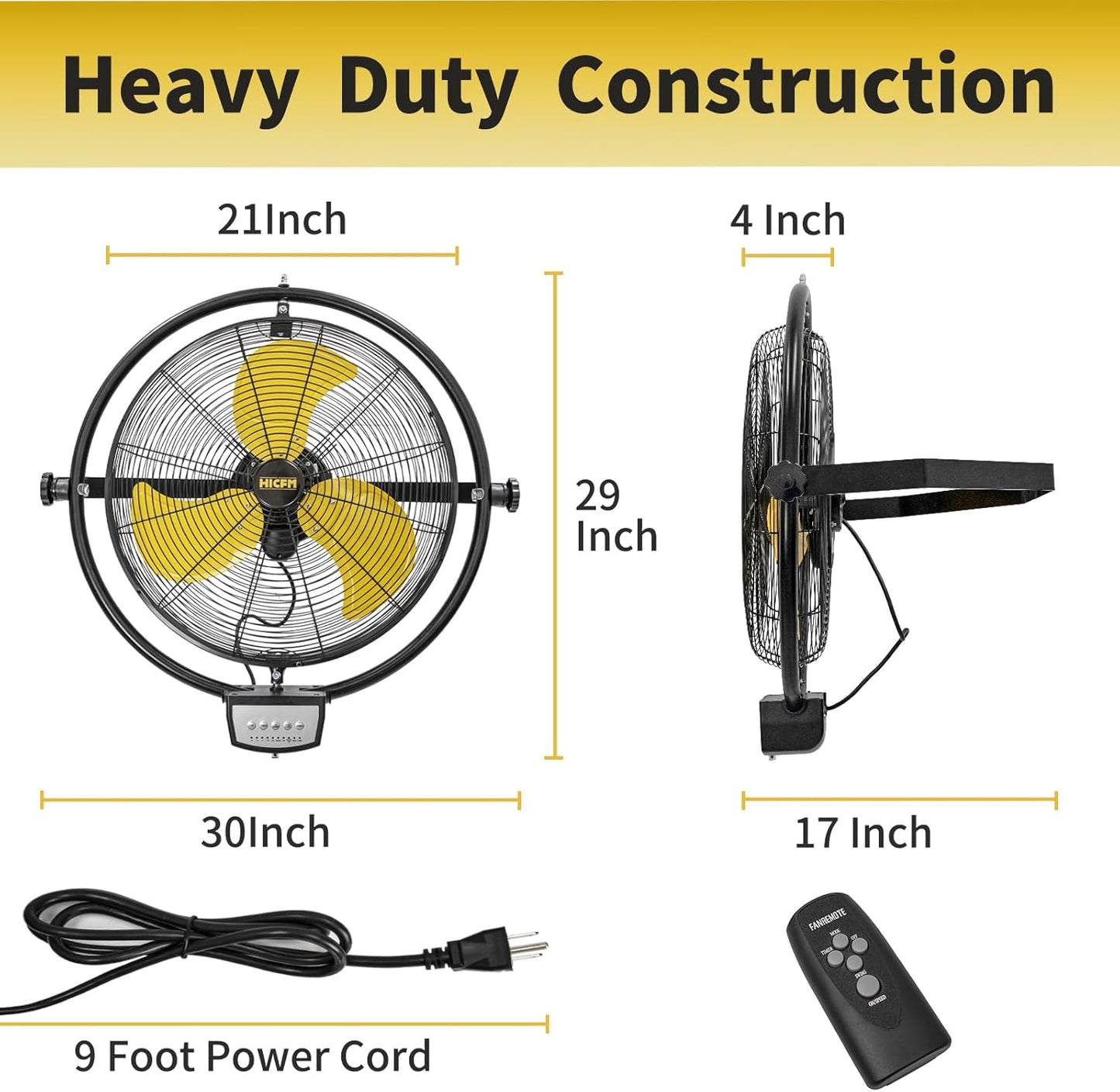 HiCFM 20" Remote Control Wall Mount Fan, 5100 CFM High Velocity 3-Speed Oscillating Wall Fans with Timer for Industrial, Commercial, Warehouse, Garage, Gazebo and Patios - UL Listed