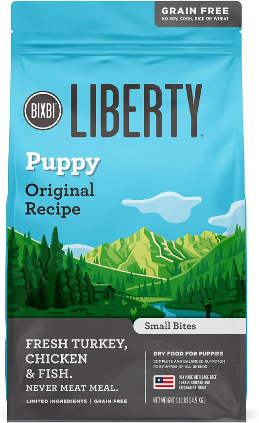BIXBI Liberty Grain Free Dry Dog Food, Original Recipe Puppy, 11 lbs - Fresh Meat, No Meat Meal, No Fillers - Gently Steamed & Cooked - No Soy, Corn, Rice or Wheat for Easy Digestion - USA Made