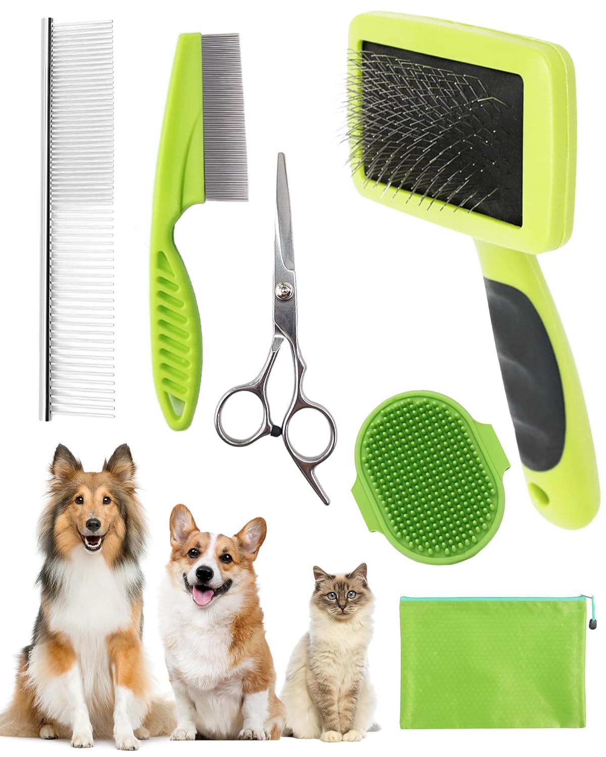 Dog Brush for Shedding Grooming,6 Pack Long-Pin Brush Set for Long Haired Dog Cat Goldendoodles Poodles Doodles Green