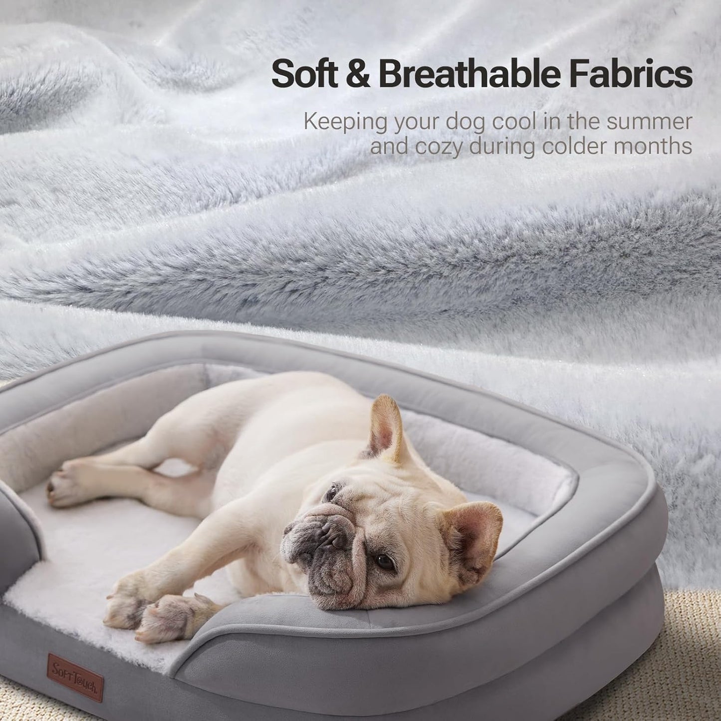 Soft Touch Orthopedic Dog Bed for Medium Dogs with Faux Fur Top, Waterproof Pet Couch Bed with Removable Washable Cover and Supportive Foam Filling (Grey, Medium)