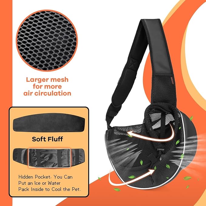 YUDODO Pet Sling Carrier for Small Dogs & Cats – Hands-Free Puppy Carrier with Safety Hook, Large Zipper Pocket, Soft Breathable Mesh, Adjustable Strap & Reflective Strip (Black 3.0 S)