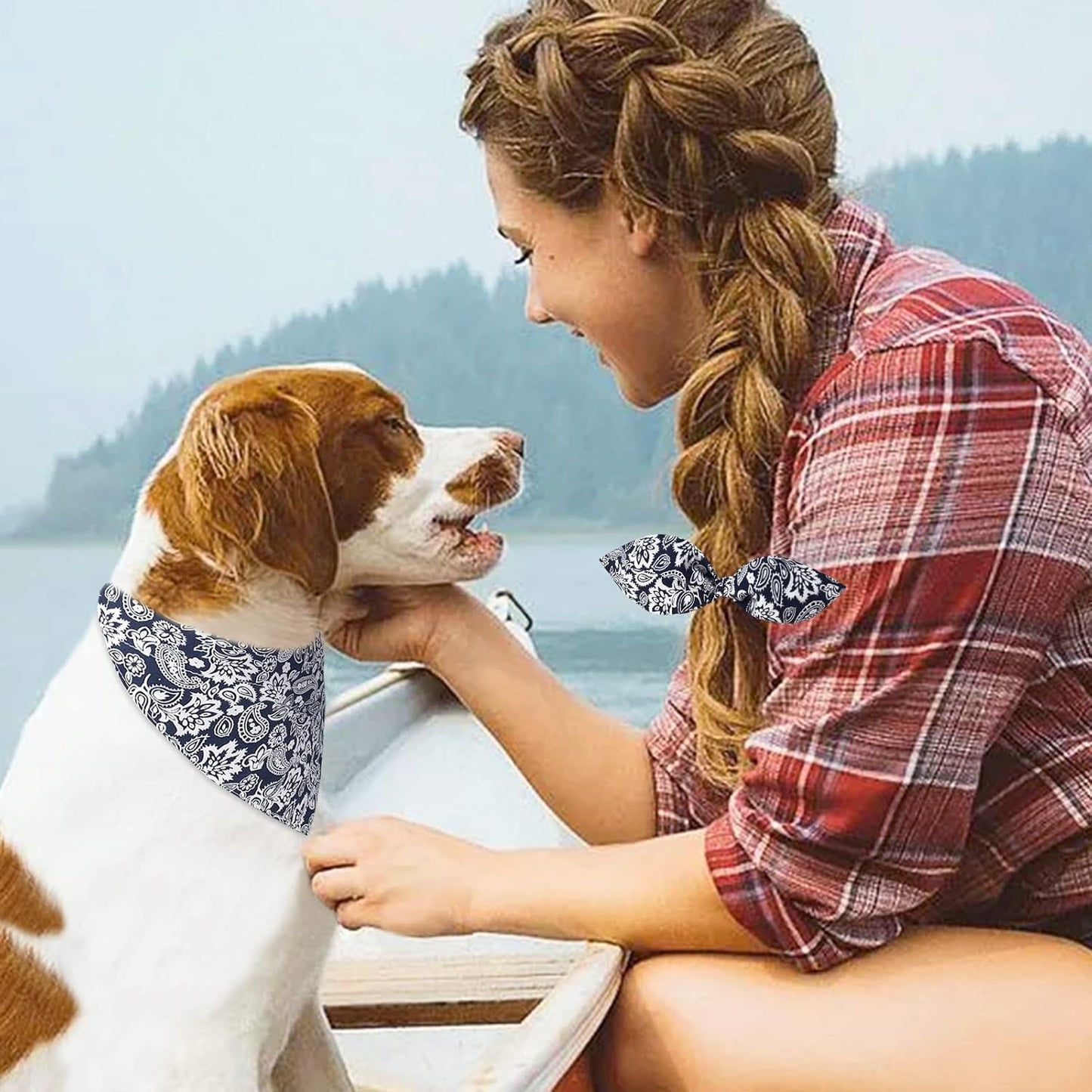 E-Clover Dog Bandanas Boy & Matching Scrunchie Set Dog Bandana Scarf Bibs with Bow Scrunchies for Medium Large Dogs Pet Owner Mom Boho