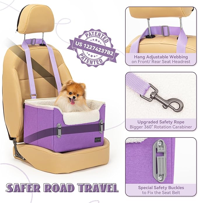 PETSFIT Small Dog Car Seat, Patent Safe Buckles Dog Booster Car Seat, Dogs Carseat with Safety Belt, Suitable for Small Pets Up to 25lbs (Purple)