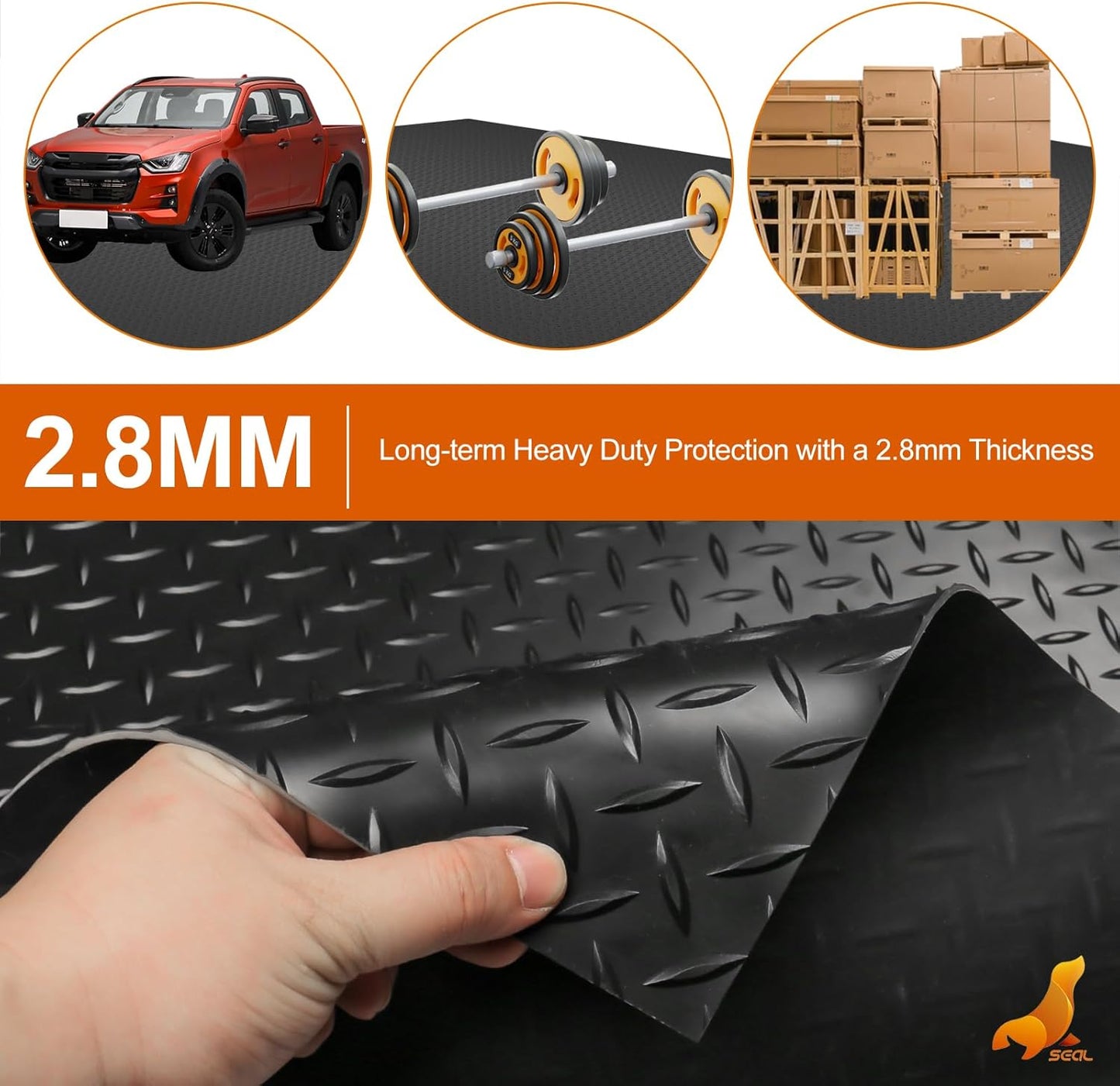 SEAL 5 x 8 Ft Premium Garage Floor Mat, Solid 2.8mm Thickened Black Commercial Grade Heavy Duty Parking Mat for Garage Floor, Golf Cart, Water/Stain Resistant Floor Runner (Embossed Diamond Plate)